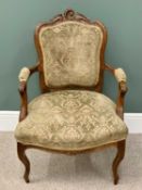 VINTAGE CARVED WALNUT PARLOUR ARMCHAIR - having leaf detail to the crest rail, upholstered cameo