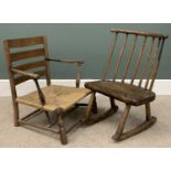 CHILDRENS ANTIQUE CHAIRS x 2 - circa 1800 elm? stickback rocking chair, 68cms H, 47cms W, 27cms D