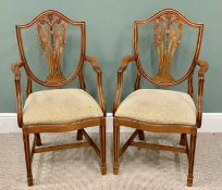 MAHOGANY SHIELDBACK ELBOW CHAIRS - A PAIR - with Prince of Wales style carvings to the splat backs,