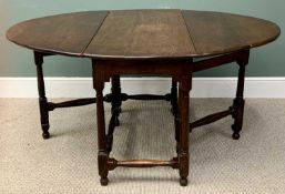 ANTIQUE OAK GATE LEG DINING TABLE - twin flap on turned and block supports with turned stretchers,