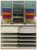 OFFICE EQUIPMENT - filing trays and trolleys, a pair with six coloured trays in each with a three
