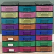 OFFICE EQUIPMENT - three towers of multi-coloured plastic drawers, 88cms H, 30cms W, 42cms D