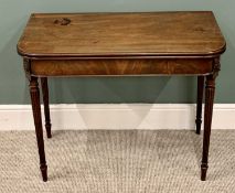 REGENCY MAHOGANY FOLDOVER TEA TABLE - on tapering reeded supports, 75cms H, 93cms D, 45cms L (