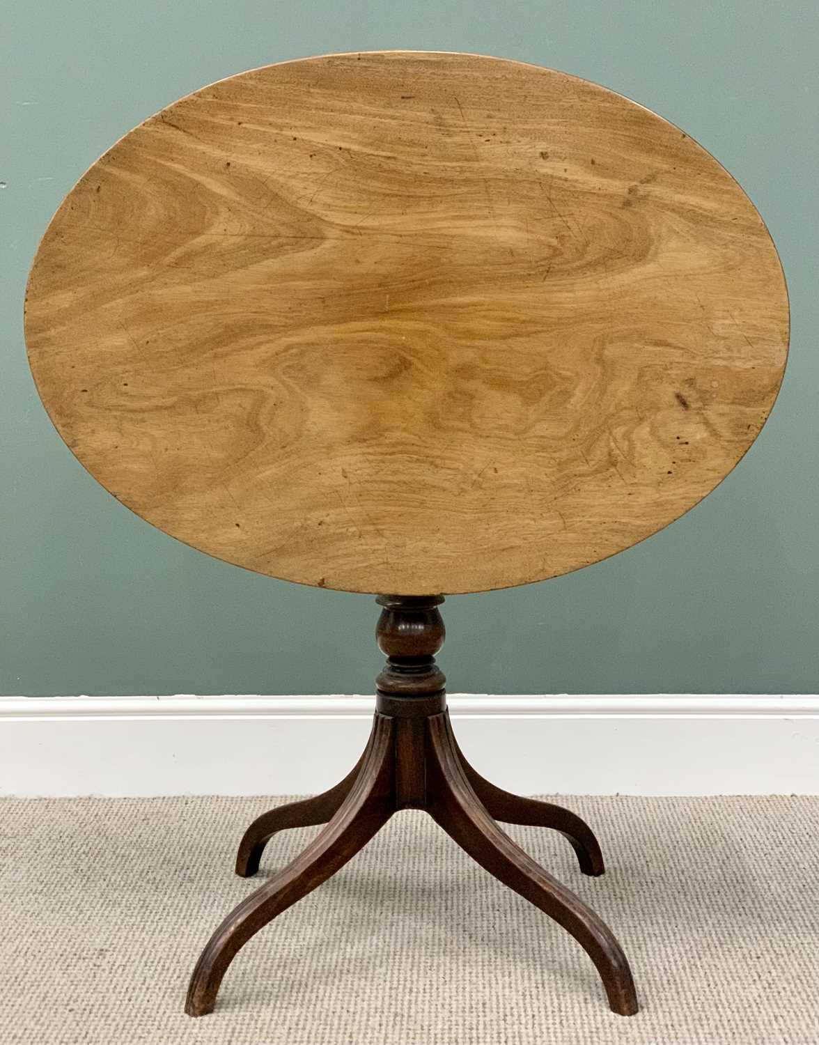 REGENCY MAHOGANY TILT TOP TABLE - the 88cms oval top on a turned column and four splayed supports, - Image 2 of 3