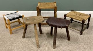 VINTAGE STOOLS (5) - to include two rustic three legged milking type stools and three various string
