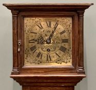 SLIM CASED OAK GRANDMOTHER CLOCK - square brass dial set with Roman numerals, 161cms H, 28cms W,