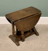 PERIOD OAK STYLE GATE LEG COFFEE TABLE - twin flap, on turned and block supports with trestle type