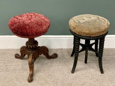 VICTORIAN RISE & FALL PIANO STOOLS (2) - both circular topped, to include a carved column walnut