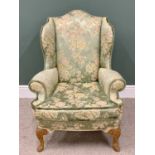 VINTAGE WALNUT SATIN UPHOLSTERED WINGBACK ARMCHAIR - foldover type arms and carved knee front