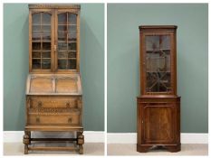 VINTAGE OAK BUREAU BOOKCASE - excellent example, on turned and block supports, 199cms H, 74cms W,