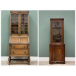 VINTAGE OAK BUREAU BOOKCASE - excellent example, on turned and block supports, 199cms H, 74cms W,