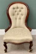 CIRCA 1900 MAHOGANY SPOONBACK LADY'S SALON CHAIR - button upholstered, having carved detail to the