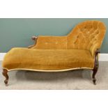 VICTORIAN MAHOGANY CHAISE LONGUE - with shaped and buttoned back, on scrolled supports and