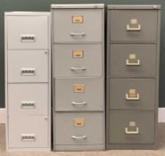 METAL FILING CABINETS (3) - all four drawer, 133cms H, 47cms W, 62cms D (2) and 126cms H, 40cms W,