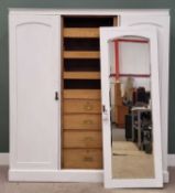 CIRCA 1890 OAK & PINE TRIPLE WARDROBE - painted white with interior central drawer and slider