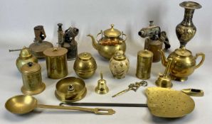 BRASSWARE COLLECTION - two vintage blow lamps, a Lipton's souvenir tea caddy, milk skimmer with