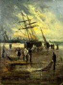 OIL ON CANVAS British 19th Century - depicting fishermen and nets ashore with boats, titled verso '