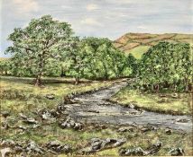 GWYN DAVIES (British circa 1950 - circa 1960) oil on board - mountain river with trees to side,