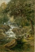 J W WHITTAKER (1859) watercolour - woodland river with anglers in foreground, signed and dated lower