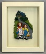 LUNED RHYS PARRI Welsh Contemporary mixed media collage in a glazed box frame - two young girls