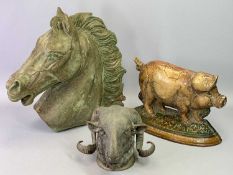 CAST METAL RAM'S HEAD WALL PLAQUE, 18cms H, 15cms D, a cast reconstituted stone bust of a stallion's