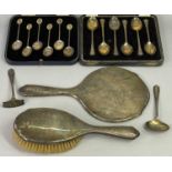 HALLMARKED SILVER CASED SETS OF 6 SPOONS (2) and other items to include a dressing table hand mirror