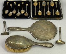 HALLMARKED SILVER CASED SETS OF 6 SPOONS (2) and other items to include a dressing table hand mirror