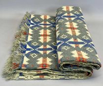 TRADITIONAL WELSH WOOLLEN BLANKET of geometric reversible design, woven in cream, blue and red,