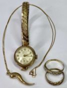 9CT GOLD STAMPED LADY'S JEWELLERY - 3 items and a Rotary 9ct gold cased lady's wristwatch with metal