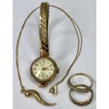 9CT GOLD STAMPED LADY'S JEWELLERY - 3 items and a Rotary 9ct gold cased lady's wristwatch with metal