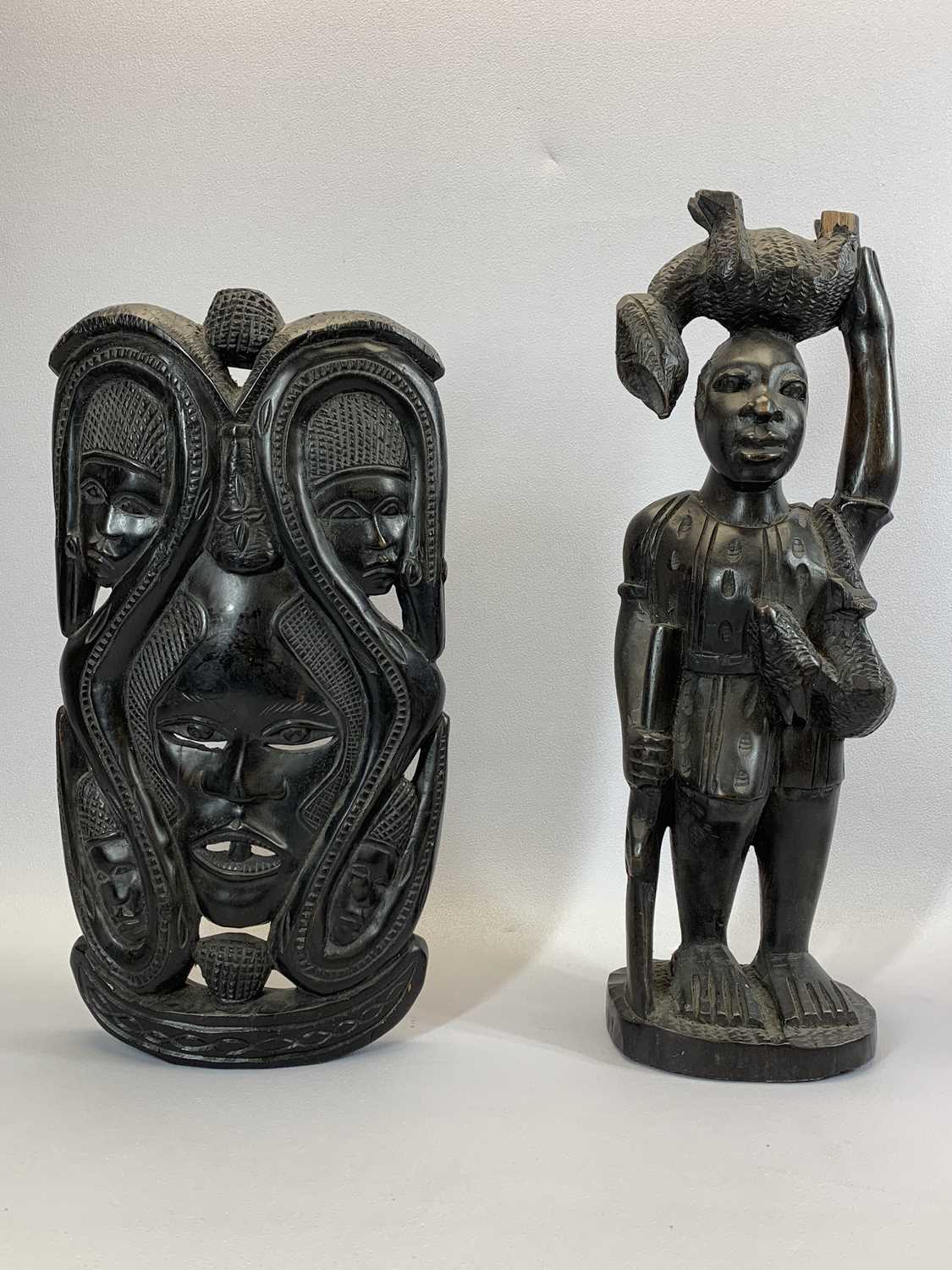NATIVE ART INTEREST - a group of carved ebony busts, masks and figures, 47.5cms H the tallest with - Image 3 of 3