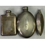 HALLMARKED SILVER & WHITE METAL HIP/POCKET FLASKS (3) - the silver example marked 'Birmingham 1916',