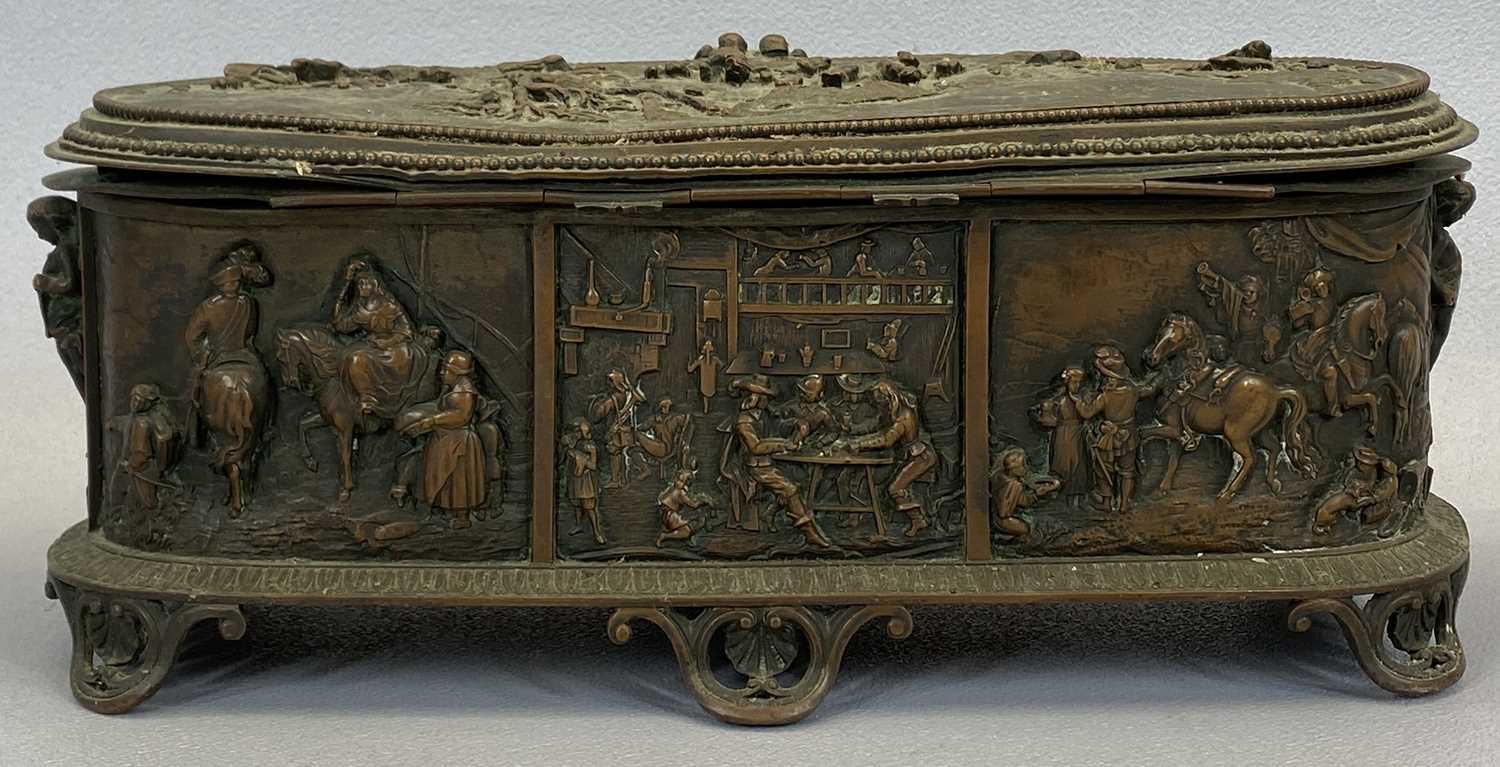 FRENCH OVAL COPPER TRINKET BOX - 19th century decorated in high relief with figures, hinged cover