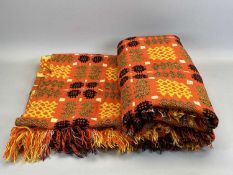 TRADITIONAL WELSH WOOLLEN BLANKET of geometric reversible design, woven in orange, yellow, green and