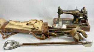 VINTAGE GOLF CLUBS IN BAG, shooting stick, old Singer sewing machine and copper long handled bed