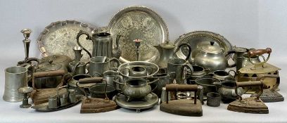 PEWTER - a large collection of tea sets, coffee sets, condiments, candlesticks, five cast iron