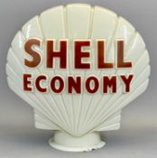 SHELL ECONOMY ADVERTISING GLASS PETROL PUMP GLOBE in the form of a shell with raised red