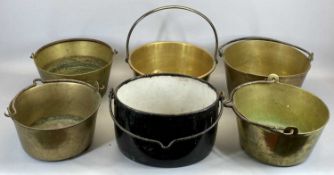 VINTAGE BRASS JAM PANS/SKILLETS (5) - with steel handles, 35cms diameter the largest and an