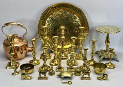 VICTORIAN CIRCULAR COPPER KETTLE & COVER, 33cms H, four pairs of Victorian brass candlesticks, 27.