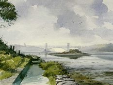 KEITH SHONE 1998 watercolour - view down Menai Straits to the Britannia Bridge, signed and dated