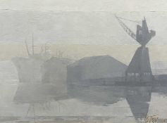 E M TONER A.R.C.A 64 oil on board - Birkenhead Docks, signed and dated lower right, 45.5 x 71cms