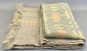 TRADITIONAL WELSH WOOLLEN BLANKET of geometric reversible design, woven in pale blue, pink, white,