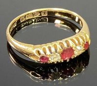 18CT CHESTER GOLD LADY'S DRESS RING having two small diamonds and three ruby colour stones to an