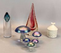 IRIDESCENT STUDIO GLASS MUSHROOMS (4) - 15cms H the tallest, a pink unclear bubble glass Studio