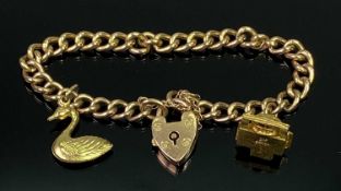 9CT GOLD HOLLOW LINK CHARM BRACELET with padlock clasp and two charms, links, padlock and water