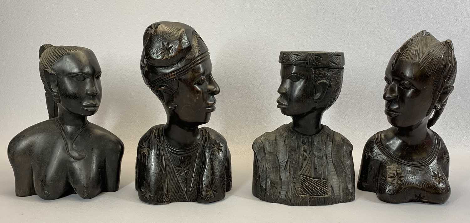 NATIVE ART INTEREST - a group of carved ebony busts, masks and figures, 47.5cms H the tallest with - Image 2 of 3