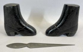 WELSH FOLK ART - a pair of 19th century carved slate boots, 14.5cms H and a carved slate letter