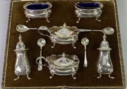 WALKER & HALL & OTHERS 10 PIECE HALLMARKED SILVER CONDIMENT SET - to include two lidded mustard