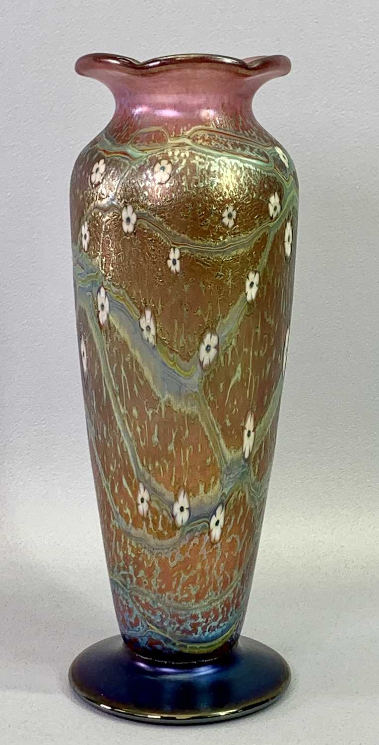 OKRA ART GLASS VASE - of footed form with wavy rim, body decorated with stylised opal flower heads