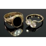 LADY'S & GENT'S 9CT GOLD RINGS (2) to include a wide band signet ring mounted with a black oval